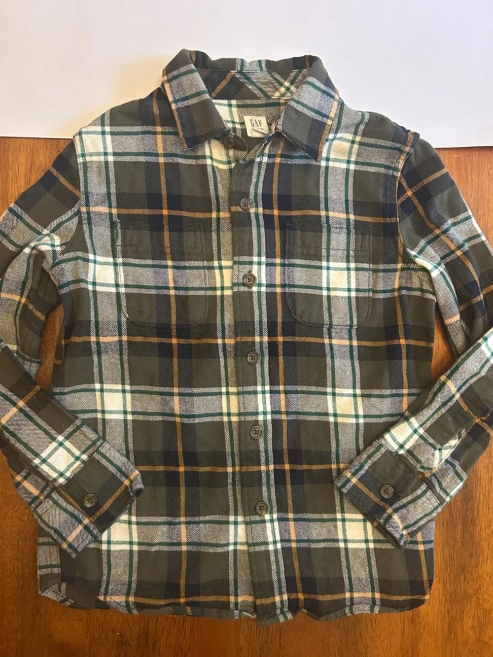 GAP Olive Green, Navy, Mustard-Yellow Plaid Button-Up Flannel Shirt | Boy S(6-7)